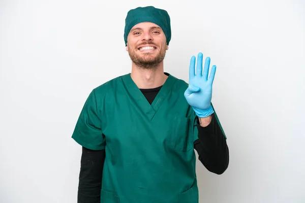 Surgeon Brazilian Man Green Uniform Isolated White Background Happy Counting — Stockfoto