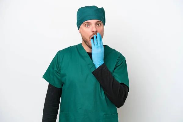 Surgeon Brazilian Man Green Uniform Isolated White Background Surprised Shocked — Stockfoto