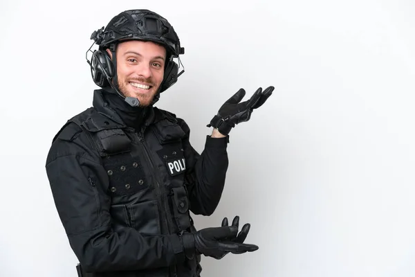 Brazilian Soldier Man Isolated White Background Extending Hands Side Inviting — Stockfoto