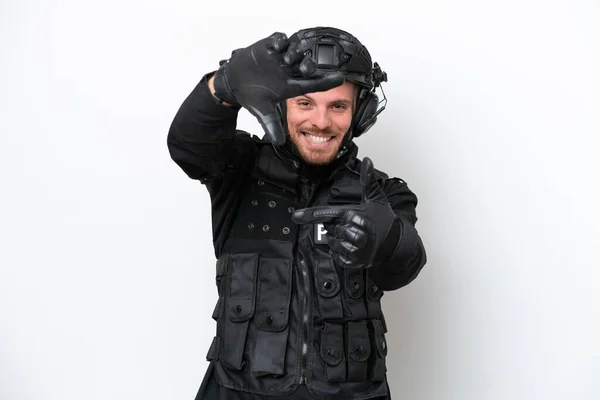 Brazilian Soldier Man Isolated White Background Focusing Face Framing Symbol — 图库照片