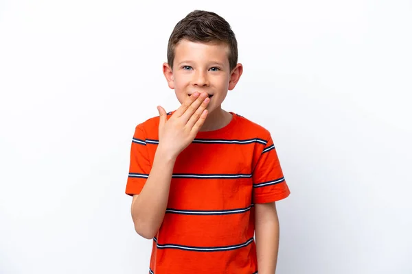 Little Boy Isolated White Background Happy Smiling Covering Mouth Hand — ストック写真