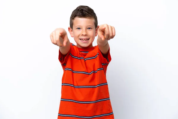 Kleine Jongen Geïsoleerd Witte Achtergrond Verrast Wijzen Naar Voren — Stockfoto