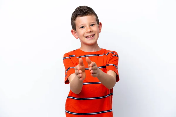 Μικρό Αγόρι Απομονωμένο Λευκό Φόντο Χειροκροτεί Μετά Την Παρουσίαση Ένα — Φωτογραφία Αρχείου