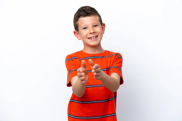 Little Boy Isolated White Background Applauding Presentation Conference — ストック写真