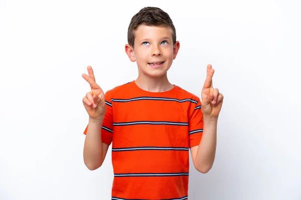 Little Boy Isolated White Background Fingers Crossing Wishing Best — Stock Photo, Image