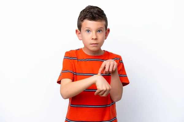 Niño Aislado Sobre Fondo Blanco Haciendo Gesto Llegar Tarde —  Fotos de Stock