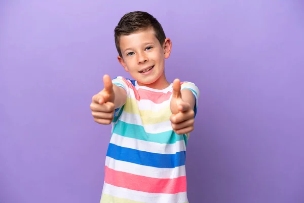 Little Boy Isolated Purple Background Pointing Front Smiling — Stock Photo, Image