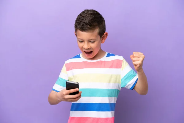 Little Boy Isolated Purple Background Phone Victory Position — Stock Photo, Image