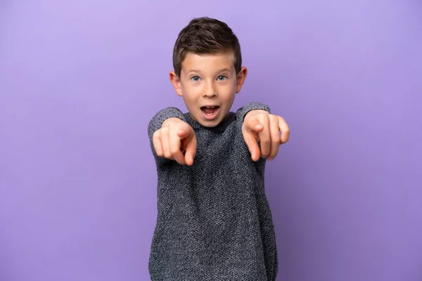 Little Boy Isolated Purple Background Surprised Pointing Front — Stock Photo, Image
