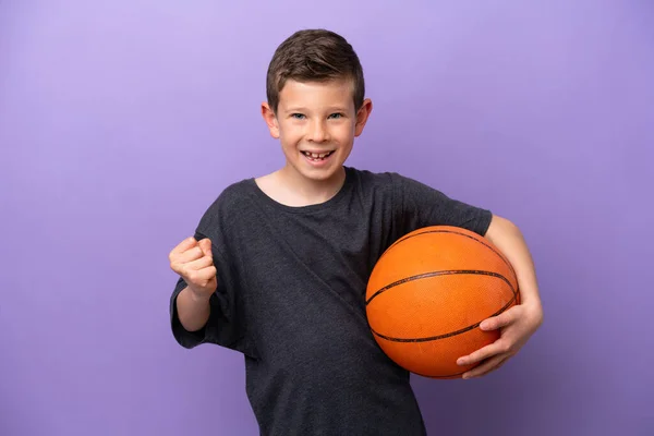 Little Boy Playing Basketball Isolated Purple Background Celebrating Victory Winner — Stock Photo, Image