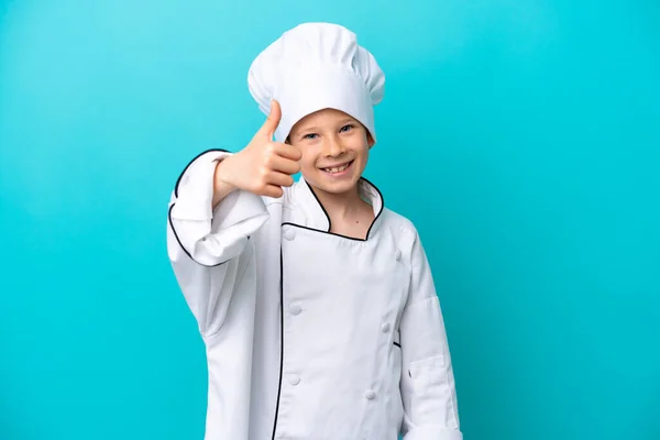 Piccolo Chef Ragazzo Isolato Sfondo Blu Con Pollici Perché Qualcosa — Foto Stock