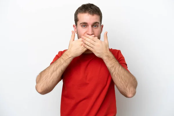 Young Caucasian Man Isolated White Background Covering Mouth Hands — Stock Photo, Image