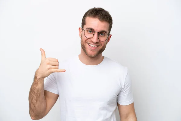 Young Caucasian Man Isolated White Background Glasses Doing Phone Gesture — Zdjęcie stockowe