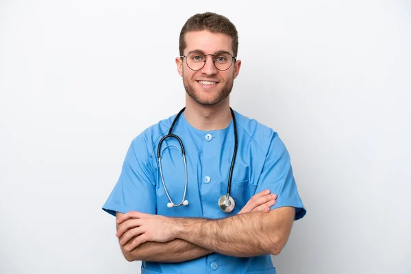 Mladý Chirurg Lékař Běloch Muž Izolované Bílém Pozadí Udržet Paže — Stock fotografie