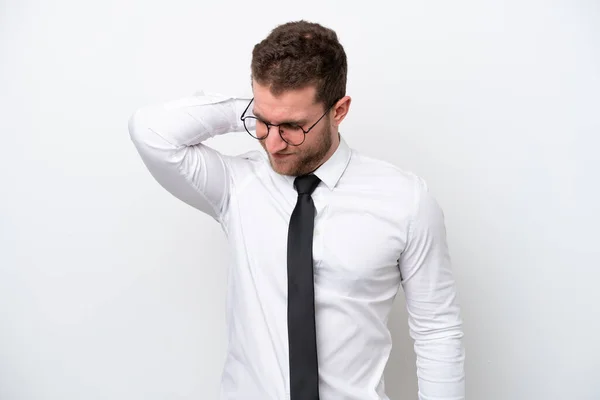 Young Business Caucasian Man Isolated White Background Neckache — Zdjęcie stockowe