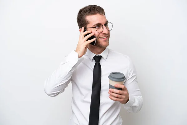Young Business Caucasian Man Isolated White Background Holding Coffee Take —  Fotos de Stock