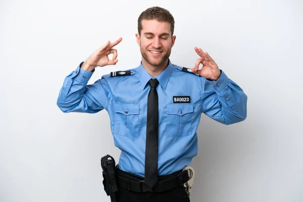 Young Police Caucasian Man Isolated White Background Zen Pose — Stockfoto