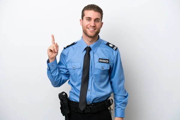 Jonge Politie Blanke Man Geïsoleerd Witte Achtergrond Tonen Het Opheffen — Stockfoto