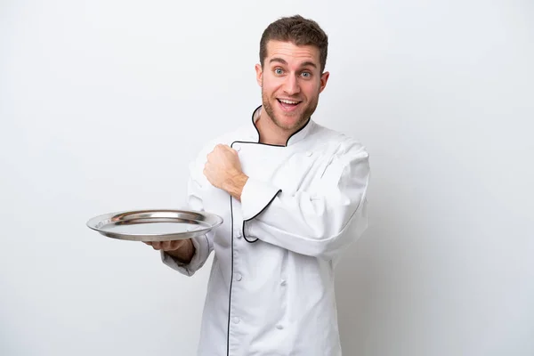 Young Caucasian Chef Tray Isolated White Background Celebrating Victory —  Fotos de Stock