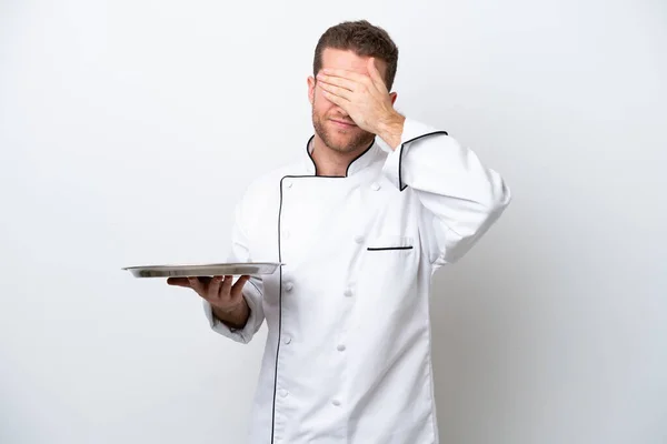 Young Caucasian Chef Tray Isolated White Background Covering Eyes Hands — Stockfoto