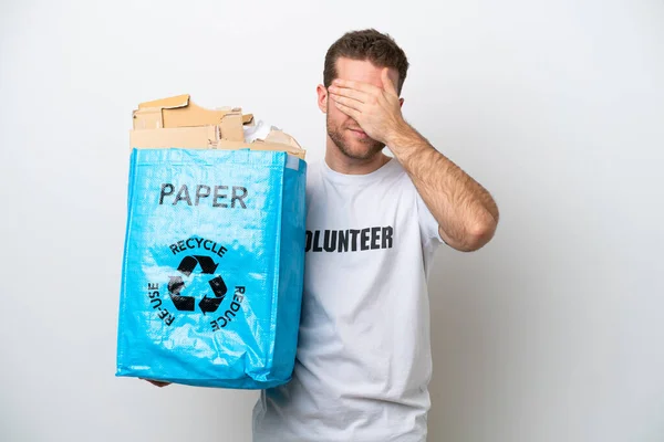 Young Caucasian Man Holding Recycling Bag Full Paper Recycle Isolated — стоковое фото