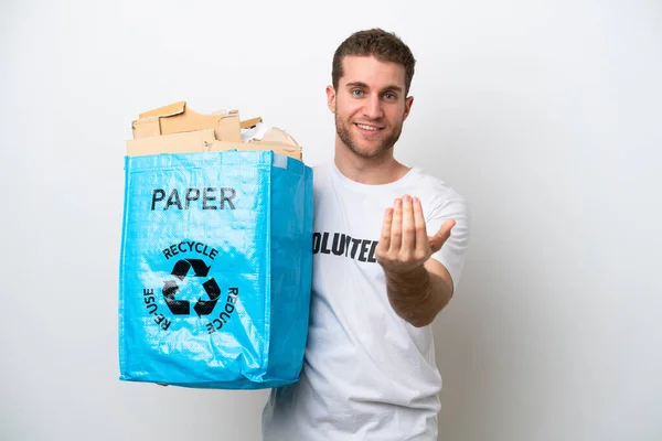 Young Caucasian Man Holding Recycling Bag Full Paper Recycle Isolated — 图库照片
