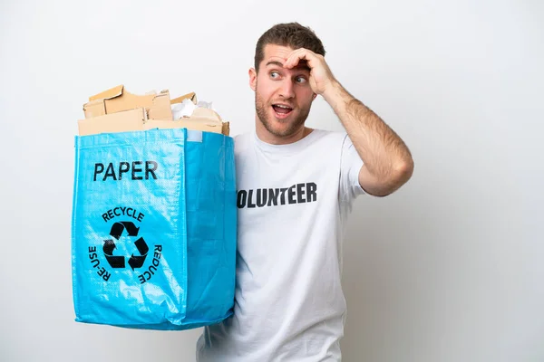 Young Caucasian Man Holding Recycling Bag Full Paper Recycle Isolated —  Fotos de Stock