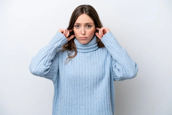 Jonge Blanke Vrouw Geïsoleerd Witte Achtergrond Gefrustreerd Het Bedekken Van — Stockfoto