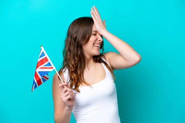 Young Caucasian Woman Holding English Flag Isolated Blue Background Has — Stock Photo, Image