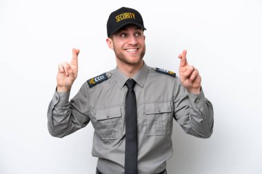 Beyaz arka planda izole edilmiş beyaz tenli genç koruma.