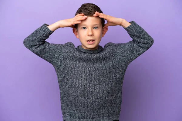 Little Boy Isolated Purple Background Surprise Expression — ストック写真
