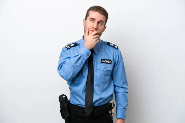 Young Police Caucasian Man Isolated White Background Having Doubts Confuse — 스톡 사진