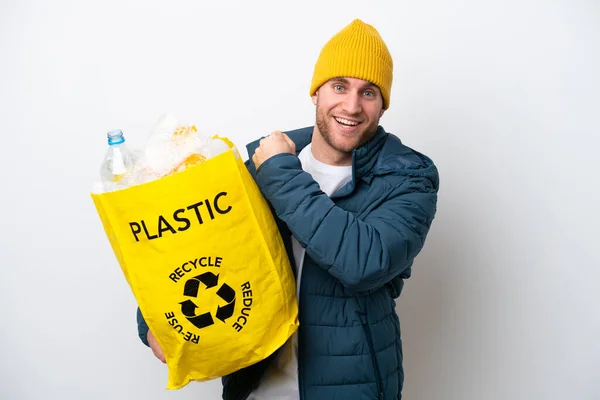 Young Caucasian Holding Bag Full Plastic Bottles Recycle Isolated White — 스톡 사진