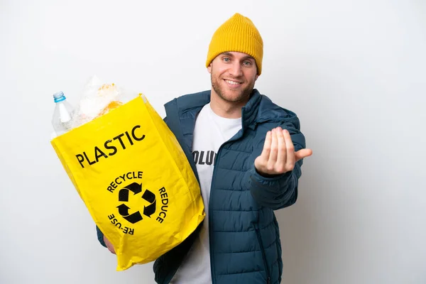 Young Caucasian Holding Bag Full Plastic Bottles Recycle Isolated White — 스톡 사진