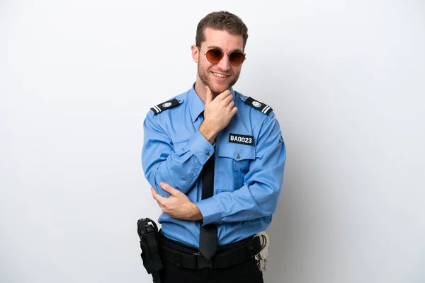 Jonge Politie Blanke Man Geïsoleerd Witte Achtergrond Met Bril Glimlach — Stockfoto