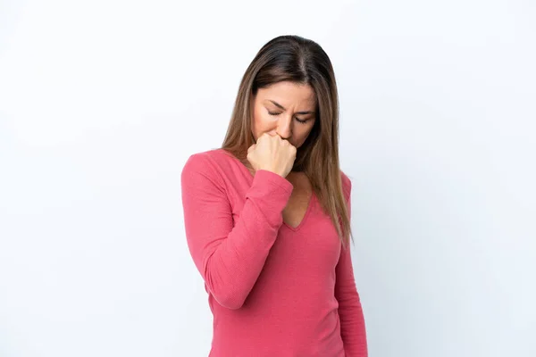 Mulher Caucasiana Meia Idade Isolada Fundo Branco Com Dúvidas — Fotografia de Stock