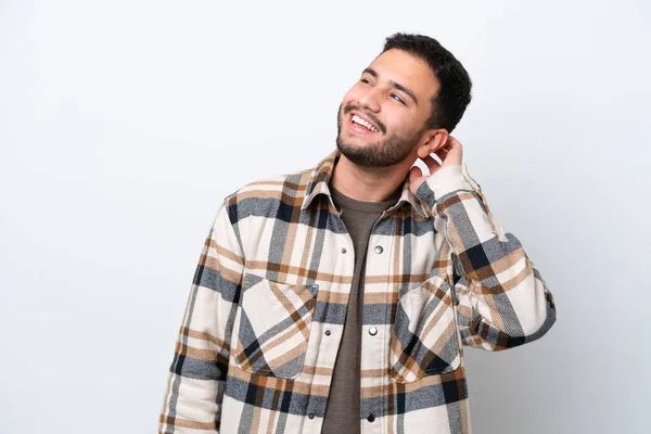 Joven Brasileño Aislado Sobre Fondo Blanco Pensando Una Idea — Foto de Stock