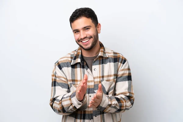 Junger Brasilianer Isoliert Auf Weißem Hintergrund Applaudiert Nach Präsentation Auf — Stockfoto