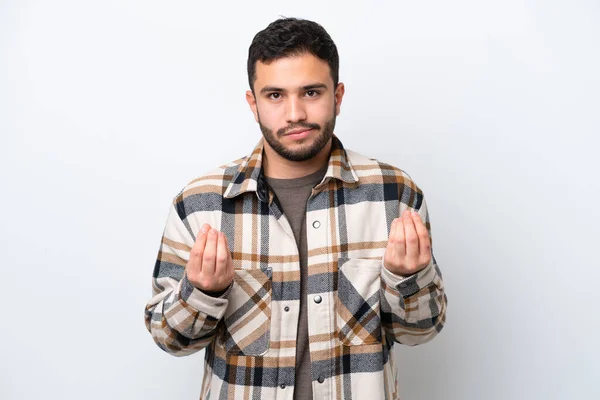 Jovem Brasileiro Isolado Fundo Branco Fazendo Gesto Dinheiro Mas Está — Fotografia de Stock