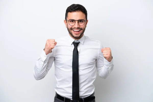 Zakelijke Braziliaanse Man Geïsoleerd Witte Achtergrond Vieren Van Een Overwinning — Stockfoto