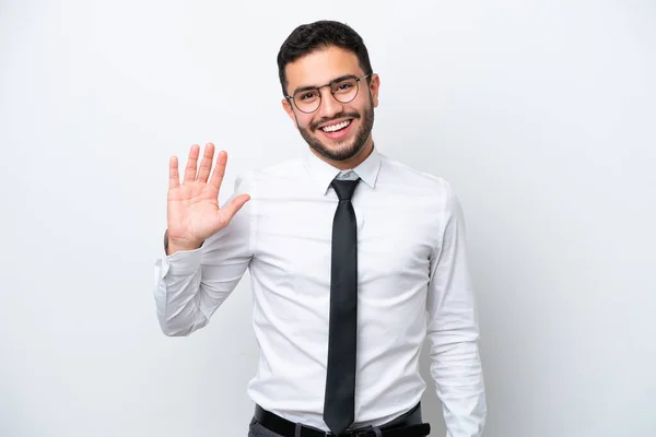 Zakelijke Braziliaanse Man Geïsoleerd Witte Achtergrond Salueren Met Hand Met — Stockfoto