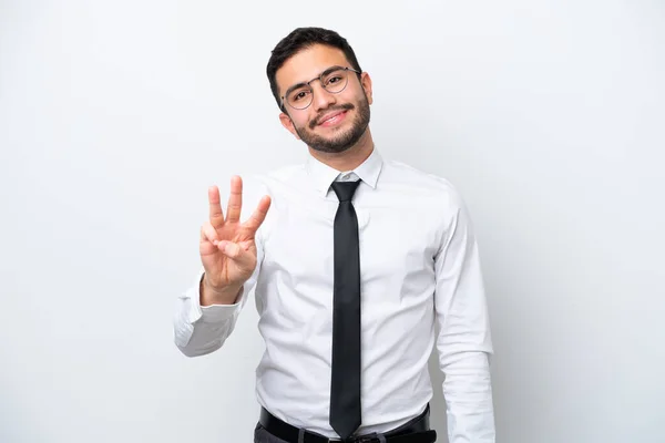 Бизнесмен Бразилец Белом Фоне Счастлив Считает Пальцами Трех — стоковое фото