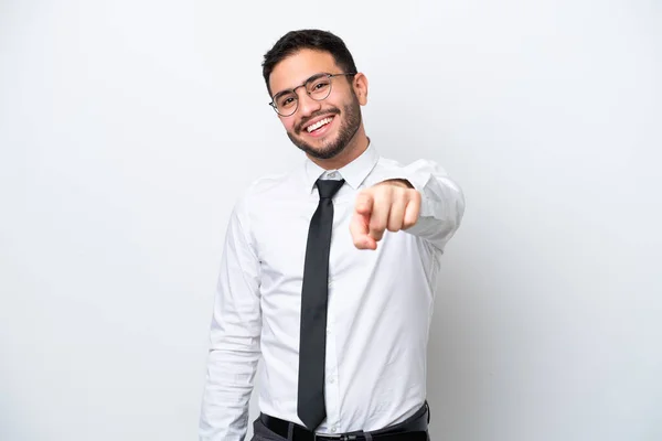 Επιχειρηματίας Βραζιλιάνος Άνθρωπος Που Απομονώνονται Λευκό Φόντο Δείχνει Δάχτυλό Σας — Φωτογραφία Αρχείου