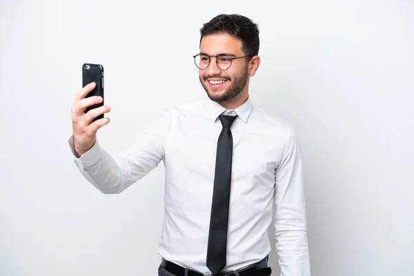 Επιχειρηματίας Βραζιλιάνος Άνδρας Απομονώνονται Λευκό Φόντο Κάνοντας Μια Selfie — Φωτογραφία Αρχείου