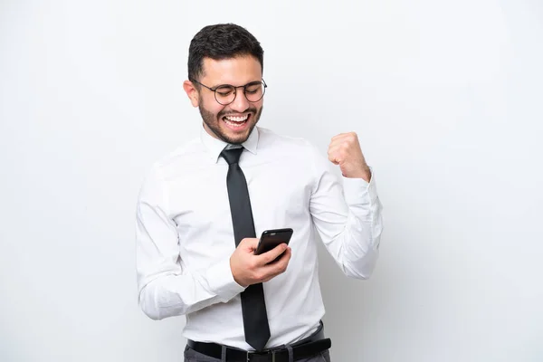 Geschäftsmann Aus Brasilien Isoliert Auf Weißem Hintergrund Mit Telefon Siegerposition — Stockfoto