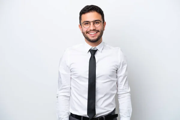 Hombre Brasileño Negocios Aislado Sobre Fondo Blanco Con Gafas Feliz — Foto de Stock