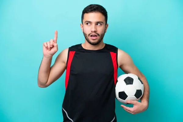 Young Football Player Brazilian Man Isolated Blue Background Thinking Idea — Stock Photo, Image