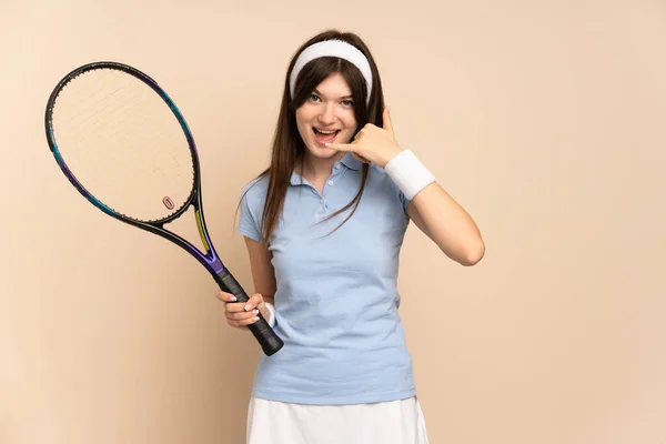 Young Ukrainian Girl Tennis Player Isolated Wall Making Phone Gesture — Stock Photo, Image