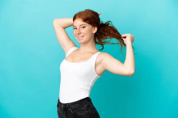 Teenager Redhead Girl Isolated Blue Background Swimsuit Summer Holidays — Stock Photo, Image