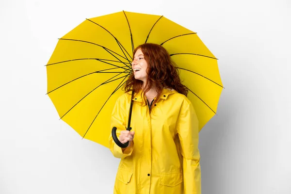 Teenager Redhead Girl Rainproof Coat Umbrella Isolated White Background Laughing — ストック写真